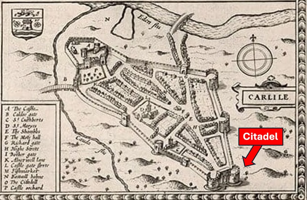 Speed's Map of Carlisle modified to highlight The Citadel