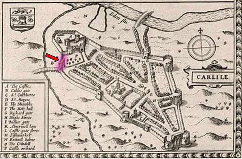 Speeds map of Carlisle modified to highlight approximate remaining north section of West City Walls and Tile Tower