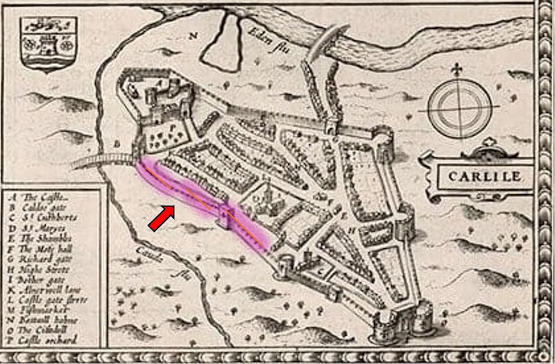 Speeds map of Carlisle modified to highlight approximate remaining visible section of West City Walls