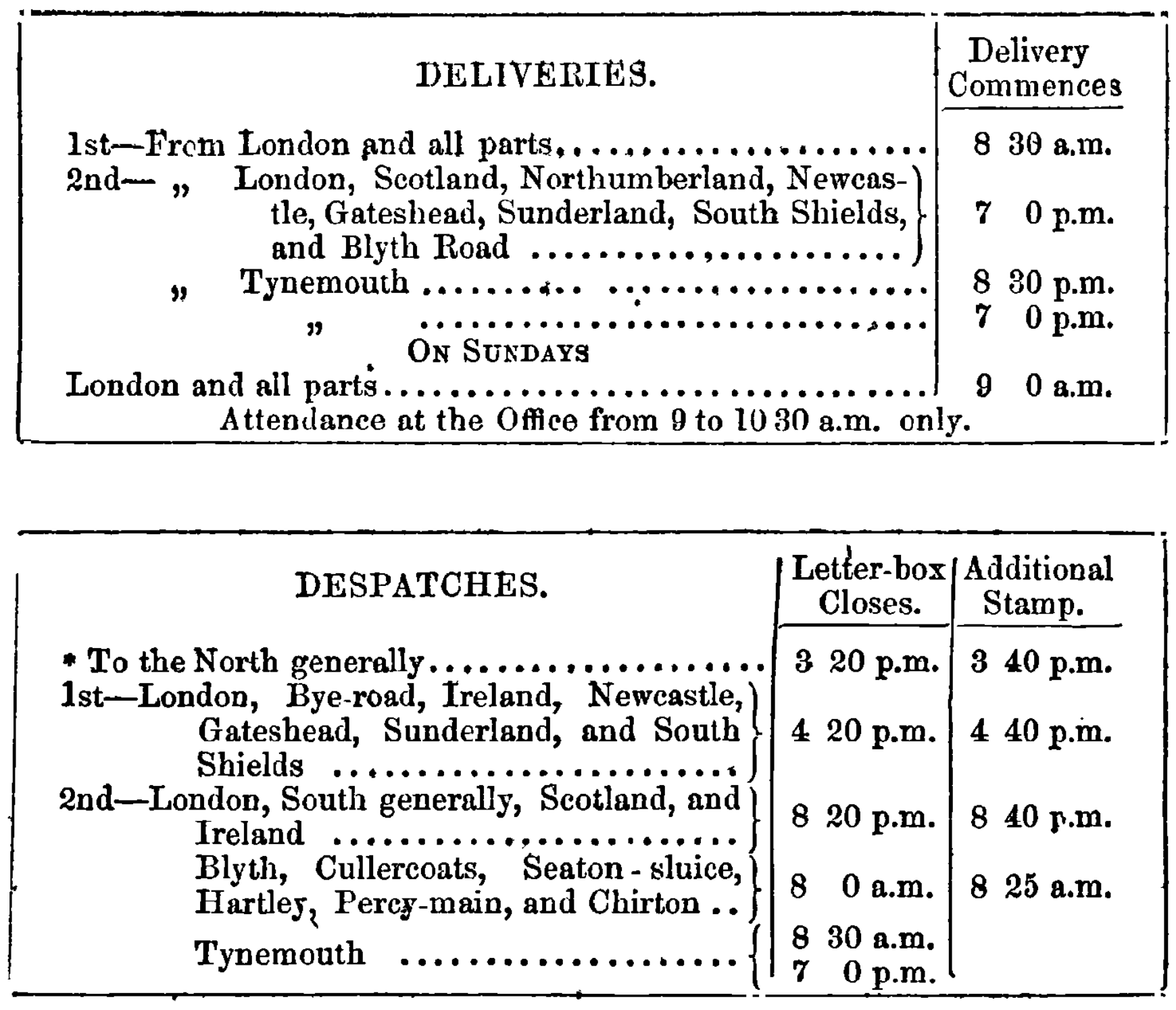 Image showing postoffice times for dispatches and deliveries