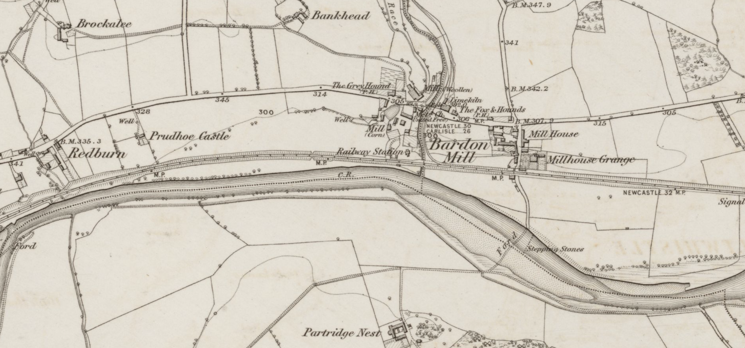 Extract from OS Map showing Bardon Mill, surveyed 1860, CC-BY NLS