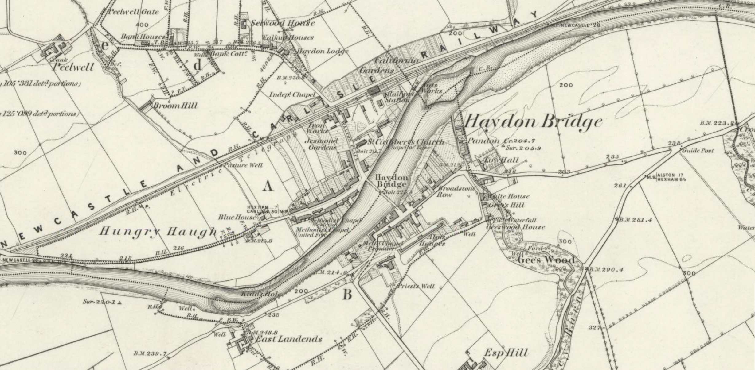 OS Map Extract showing Haydon Bridge, suveyed 1860, CC-BY NLS