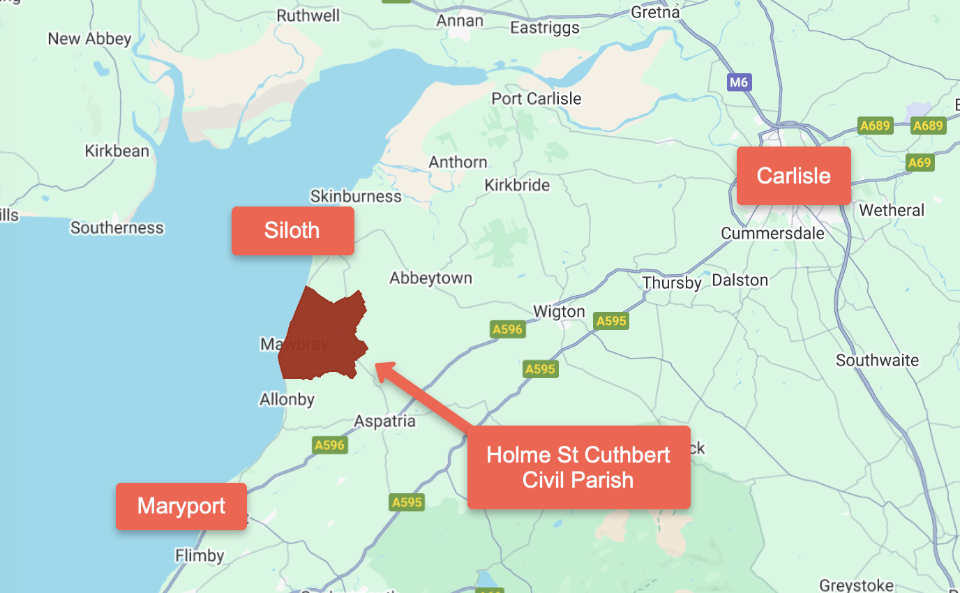 Map showing Holme St Cuthbert Parish in relation to Carlisle, Siloth and Maryport