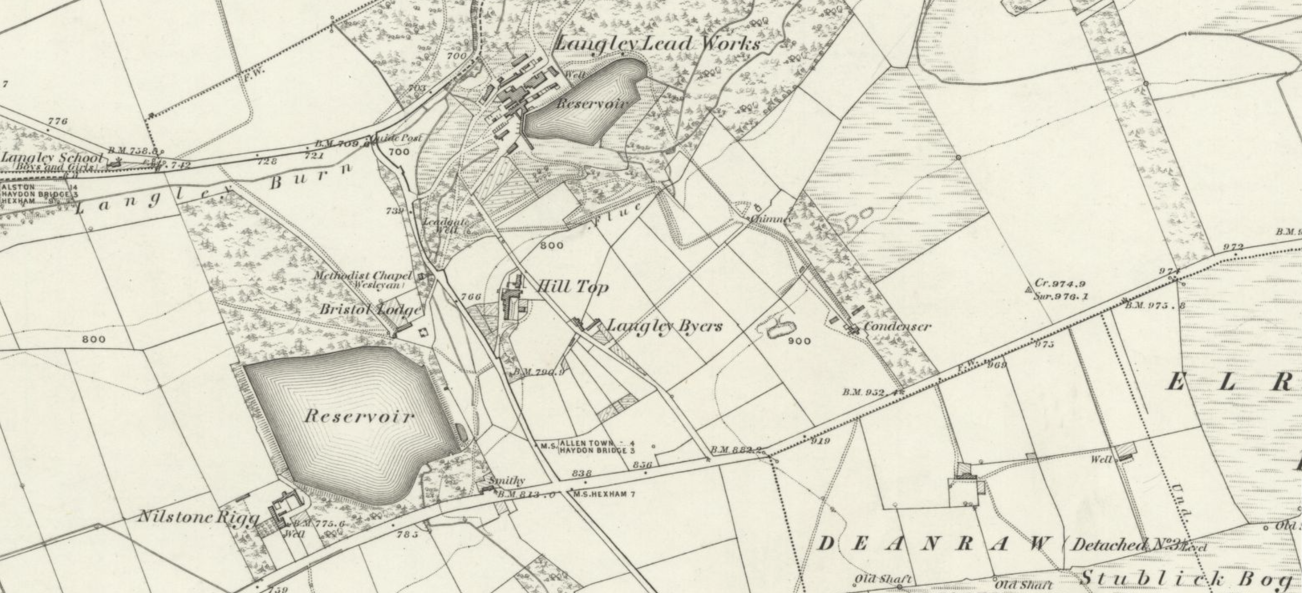 OS Map Extract showing Langley Lead Mill, surveyed 1860, CC-BY NLS