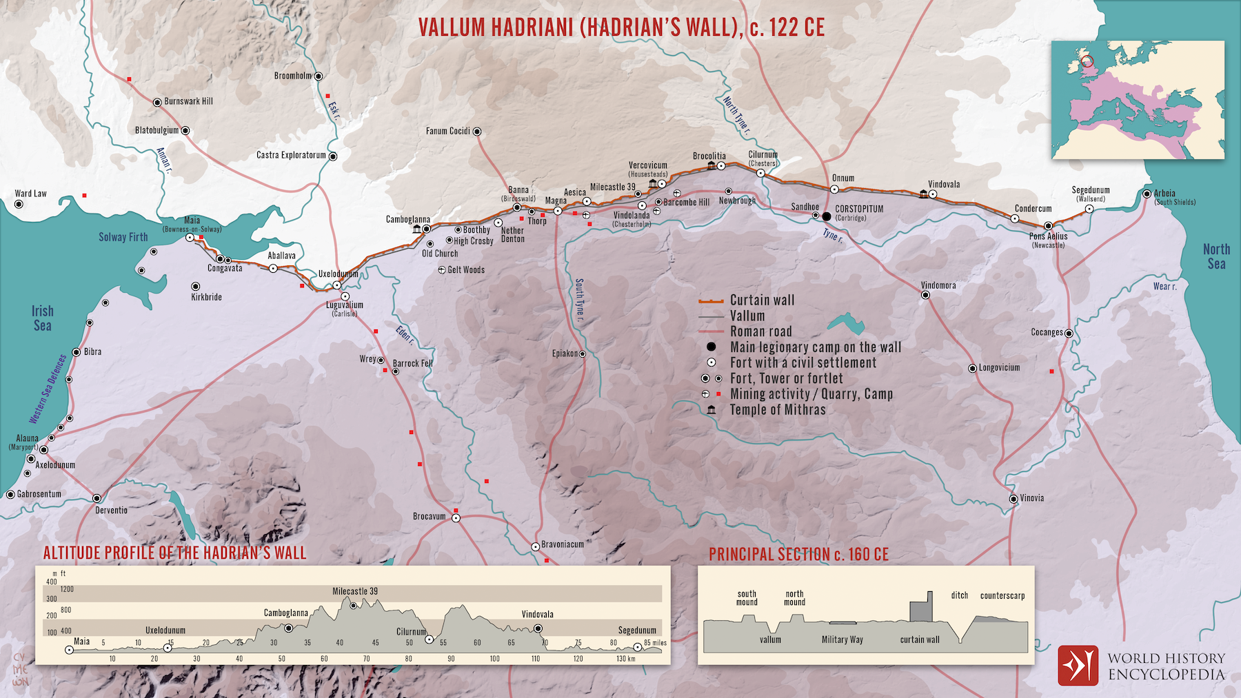 Map of the Hadrian’s wall (Vallum Hadriani) c. 122 CE