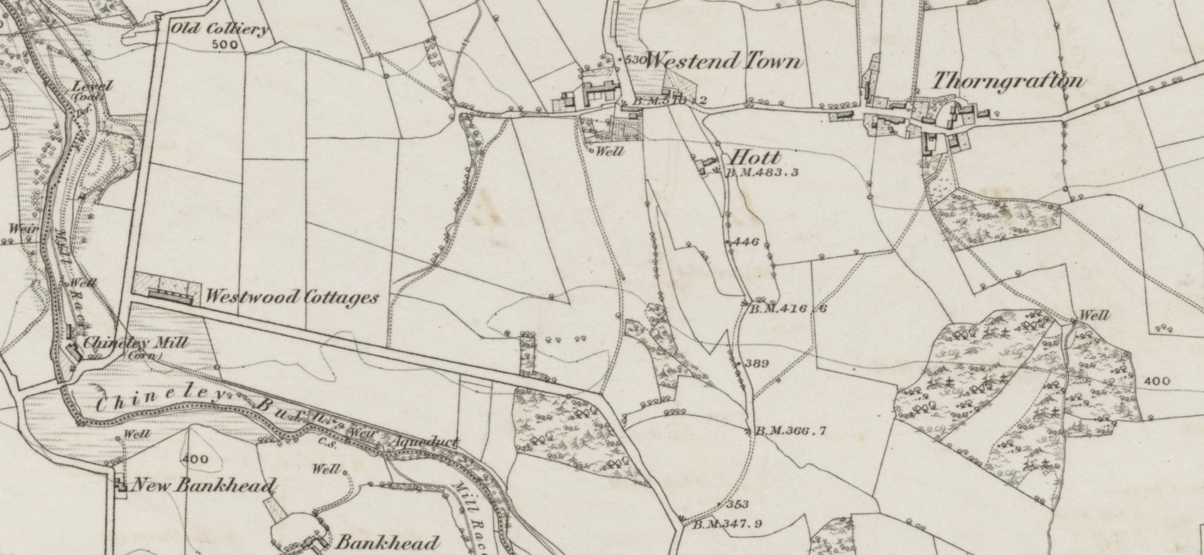 Extract from OS Map showing Westwood and Thorngrafton, surveyed 1860, CC-BY NLS